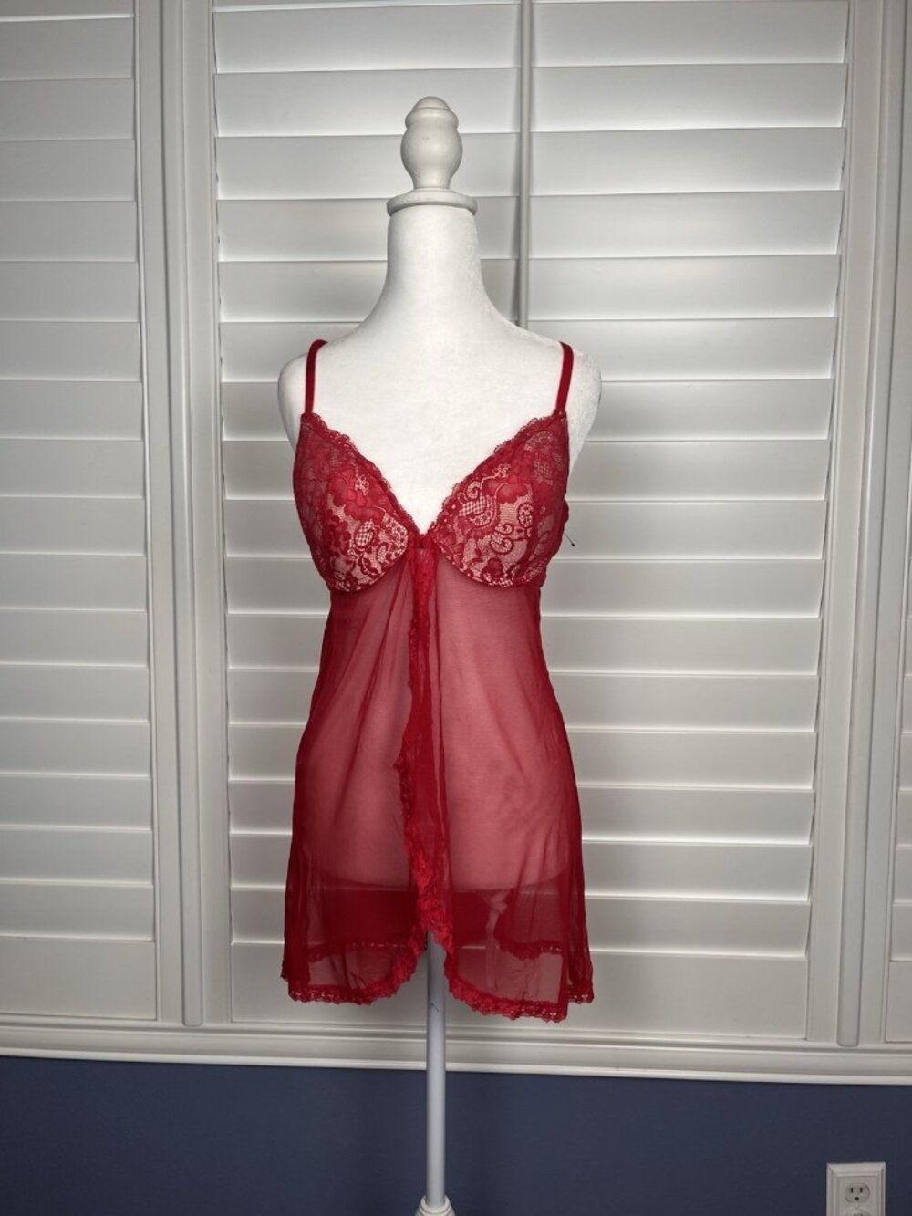 Jessica Simpson Red Sheer Mesh Lace Bow Chemise V-Neck L Sleeveless